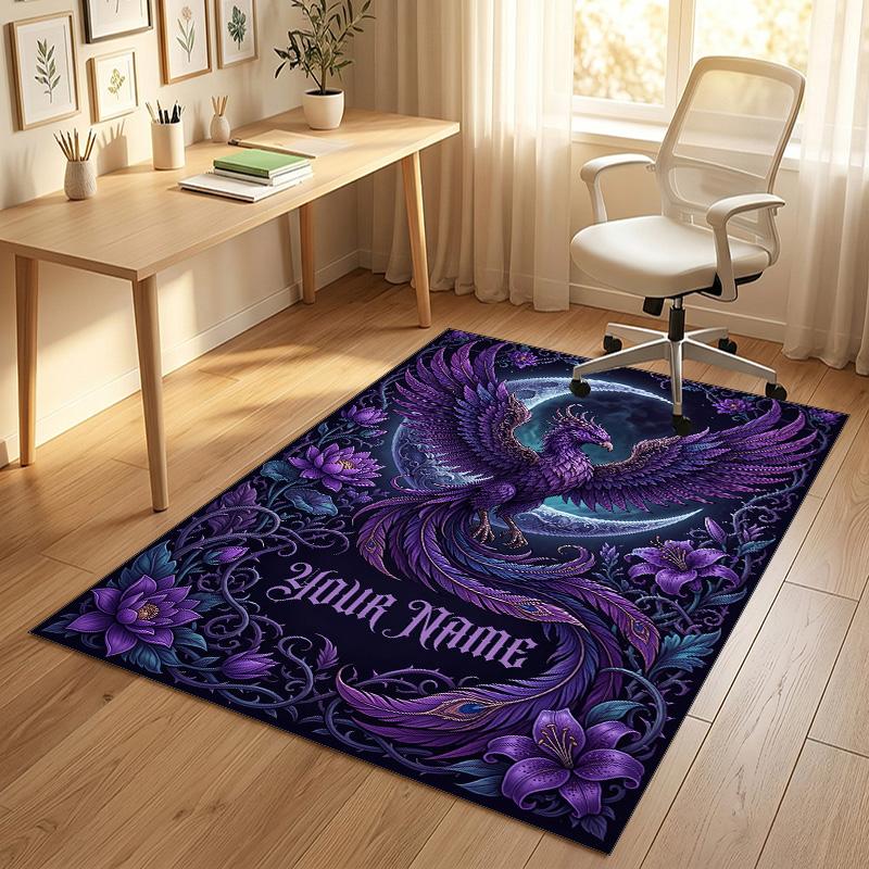 Dragon Phoenix Theme Crystal Velvet Rug Personalized Custom Name Text Soft Floor Mat Home Decor