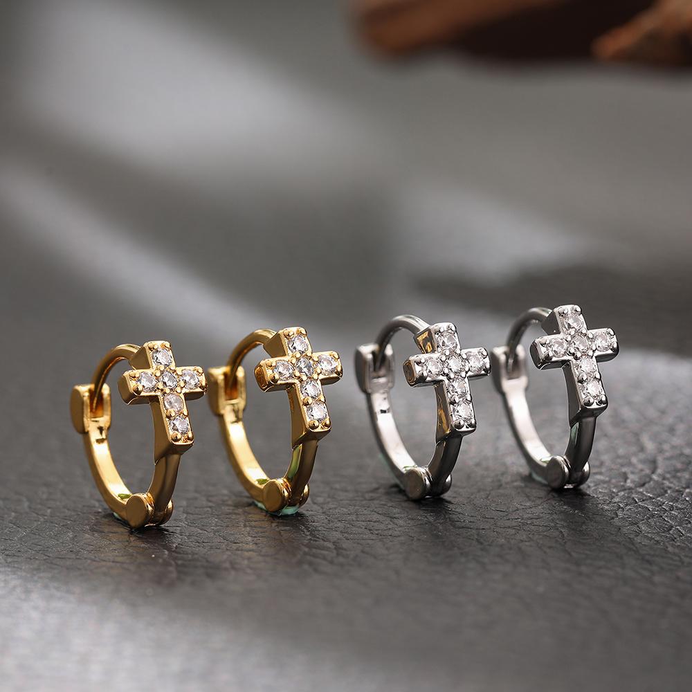 New Trendy CZ Zircon Cross Huggie Hoop Earrings for Women Mini Tiny Circle Hoops Cartilage Ear Buckle Piercing Zircon