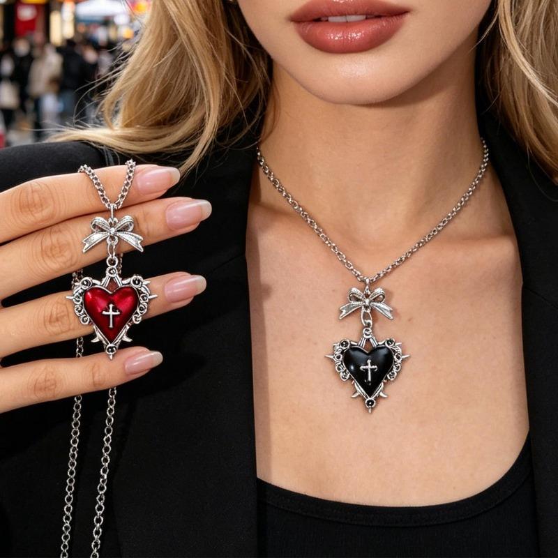 Fashion Bow Heart Pendant Necklace for Women Gothic Red Black Flower Thorn Cross Choker Chains Necklaces Party Charm Jewelry