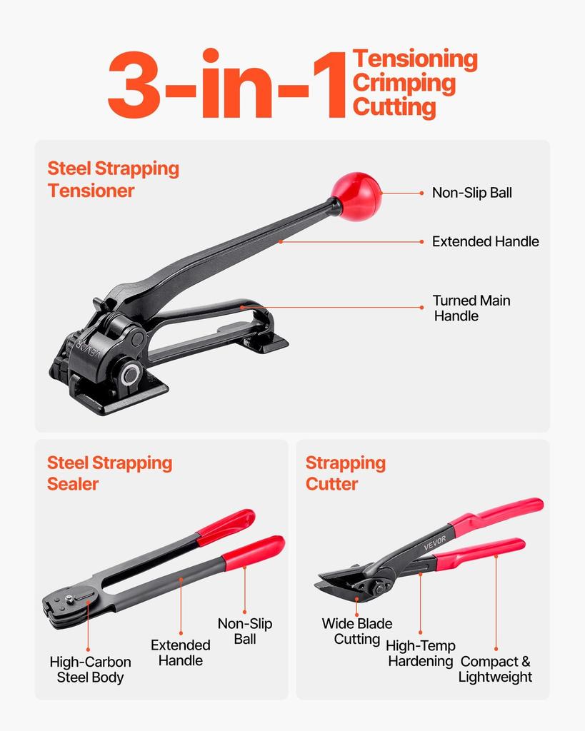 Steel Banding Strapping Kit, Heavy Duty Banding Sealer Tool with 183 M Binding Straps, 300 Metal Seals, Manual Pallet Packaging Strapping Kit for