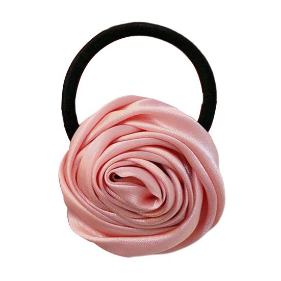 Hair Tie French Style Glossy Satin Rose Flower Decor Handcrafted 3D Petal Design Hair Rope Soft Smooth Fabric Hair Accessory