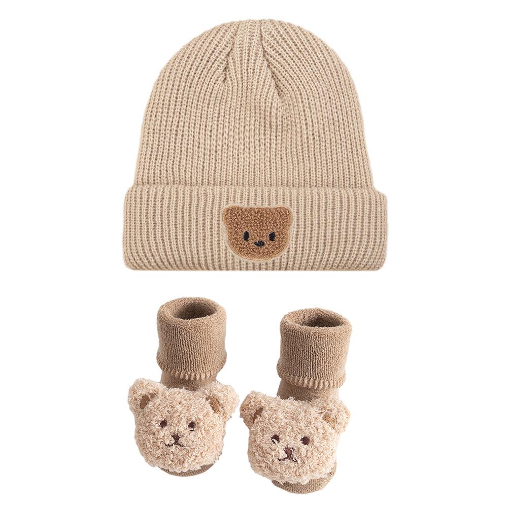 Europejski Styl Kreskówkowy Miś Zestaw Dzianinowy Czapka Beanie dla Niemowlaka z Pasującymi Skarpetkami Uroczy Zwierzęcy Zimowy Prezent dla Niemowlaka Rekwizyty do Fotografii