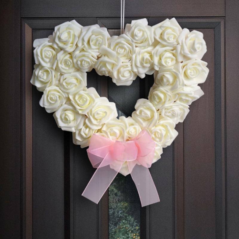 Silk Rose Flower Wreath for Home Wedding Door Decoration Heart Shaped Garlands