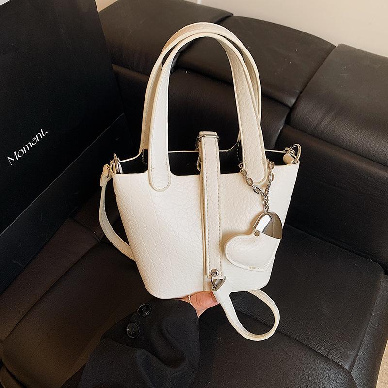 2025 Spring New Lychee Pattern Simple Commuter Handbag Women's High-end Fashion Versatile Messenger Bucket Bag