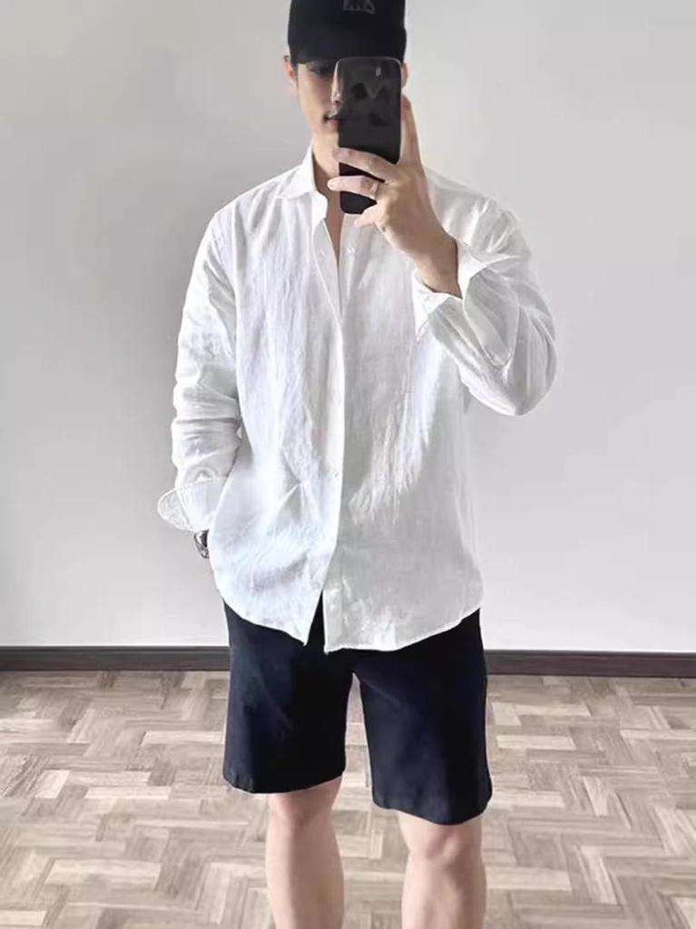 Men's High-End Cotton Linen Crinkled Shirt - Loose, Breathable, Long Sleeve, Sun Protection, Casual Versatile Top