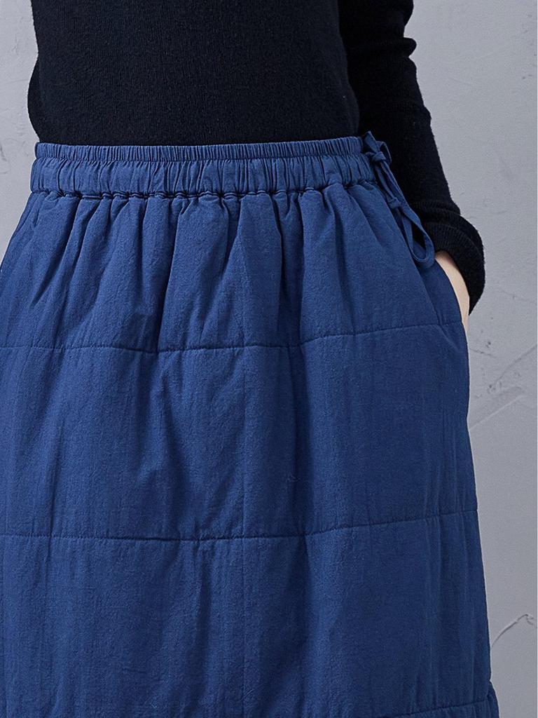 Autumn/Winter Navy Blue Quilted Cotton Midi Skirt - Plus Size, Slimming, Versatile, Chinese-Inspired, Intellectual Style