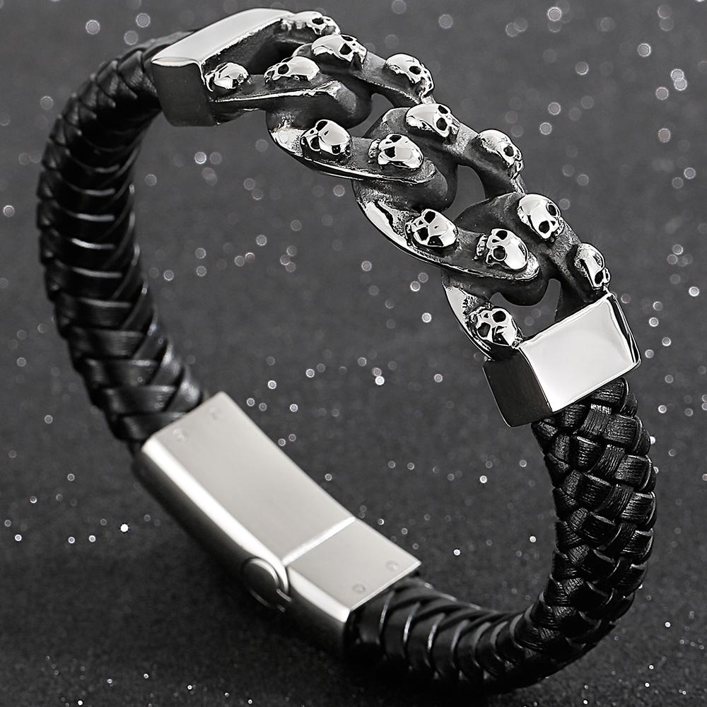 Punk 316L Stainless Steel Skull Bracelet for Men Vintage Men's Braided Leather Rope Chain Wrap Bracelets Massive Male Jewelry