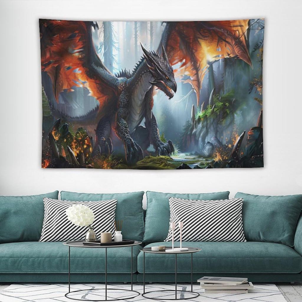 Fantasy Dragon Wall Tapestry Fire and Forest Scene Art Print Boho Home Decor Mythical Creature Design Room Decoration Fashion