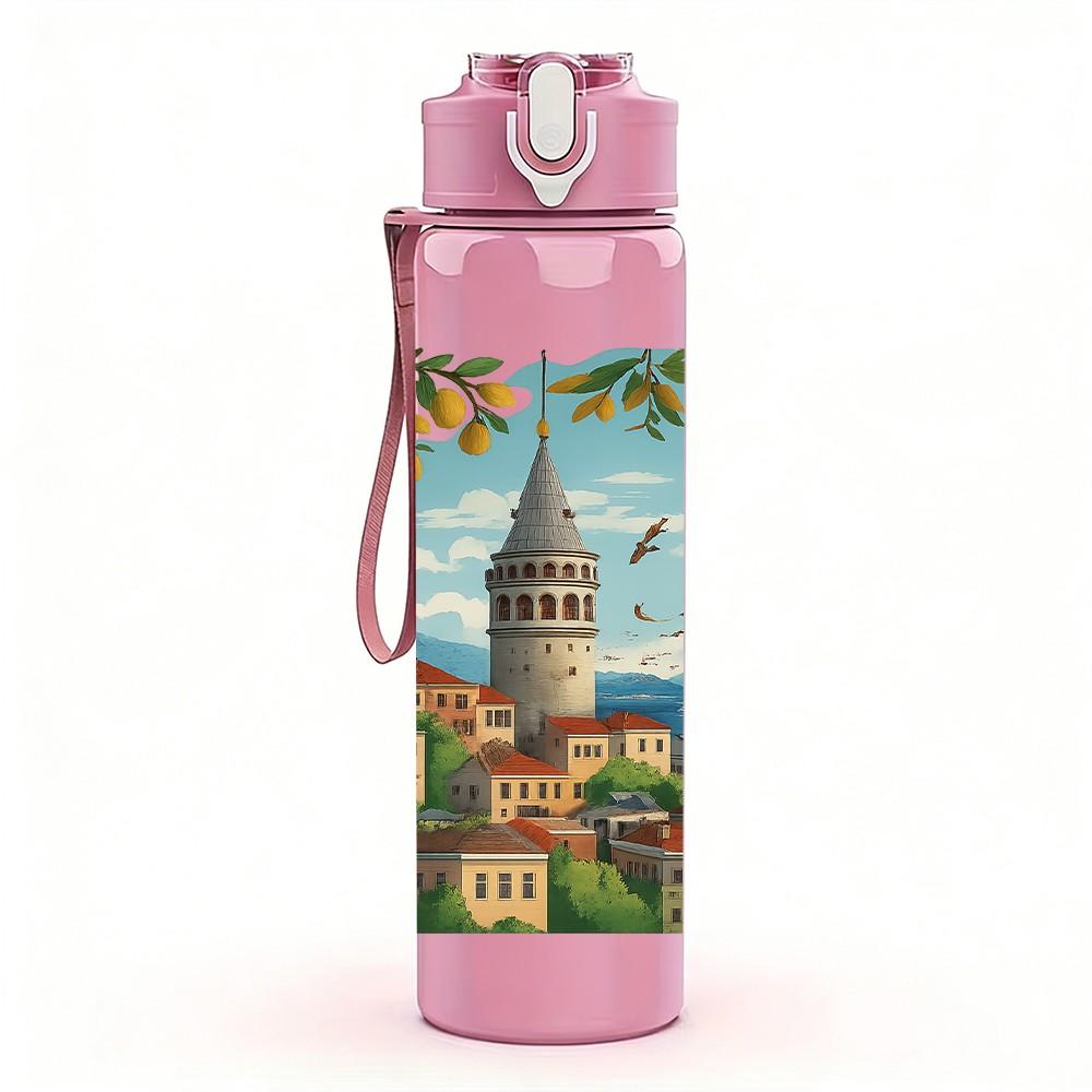 1PC Istanbul Mosque City Landscape Print 750ml Color Plastic Sports Water Bottle Leakproof Flip Straw Lid Suitable for Sports Office Home Use