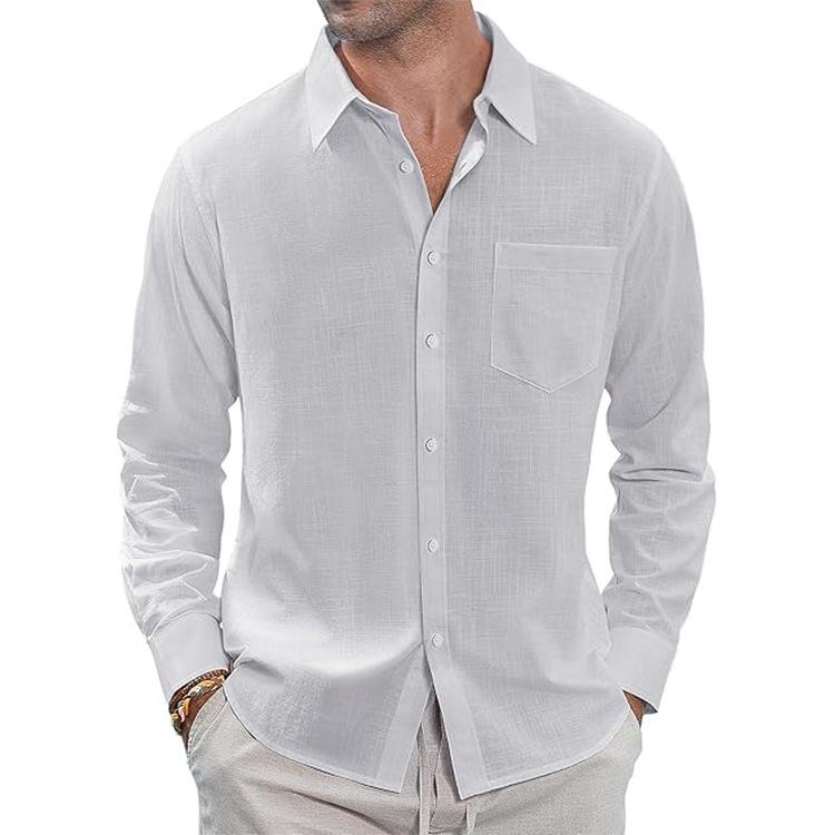 Cotton and Linen Shirt, Thin Lapel Collar with Pocket, Long-sleeved Shirt for Men
