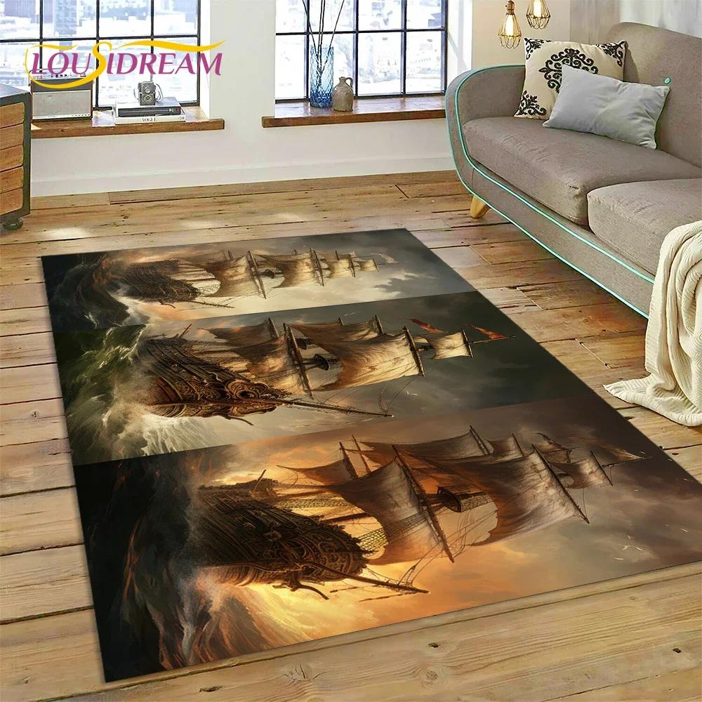 Ancient Pirate Ship Boat,Barque,Sailboa Carpet Rug for Bedroom Living Room Home Sofa Decoration,Child Game Large Decor Floor Mat