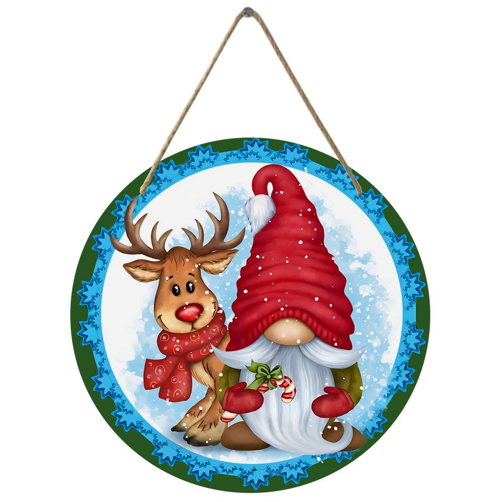 Festive reindeer and gnome pattern Round Wooden Hanging Plaque winter holiday wall art rustic farmhouse front door sign Christmas home decor