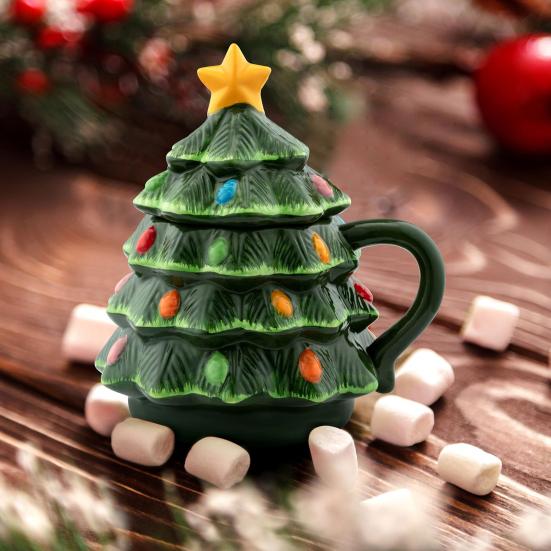 Christmas Tree Mug 16oz, Nostalgic Themed Lidded Tumbler for Coffee Hot Drinks Holiday Gift for Kids Friends Home Office Use