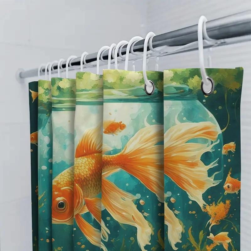 Fish Tank Print Shower Curtain Orange Fish Bath Rug Decorative Liner With Green Seaweed For Bathroom Blue Waterproof Fabric