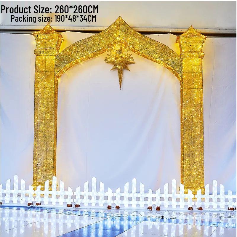 Golden Arch Christmas Manger Set: Illuminated Ornaments for Holiday Displays and Outdoor Decorations.