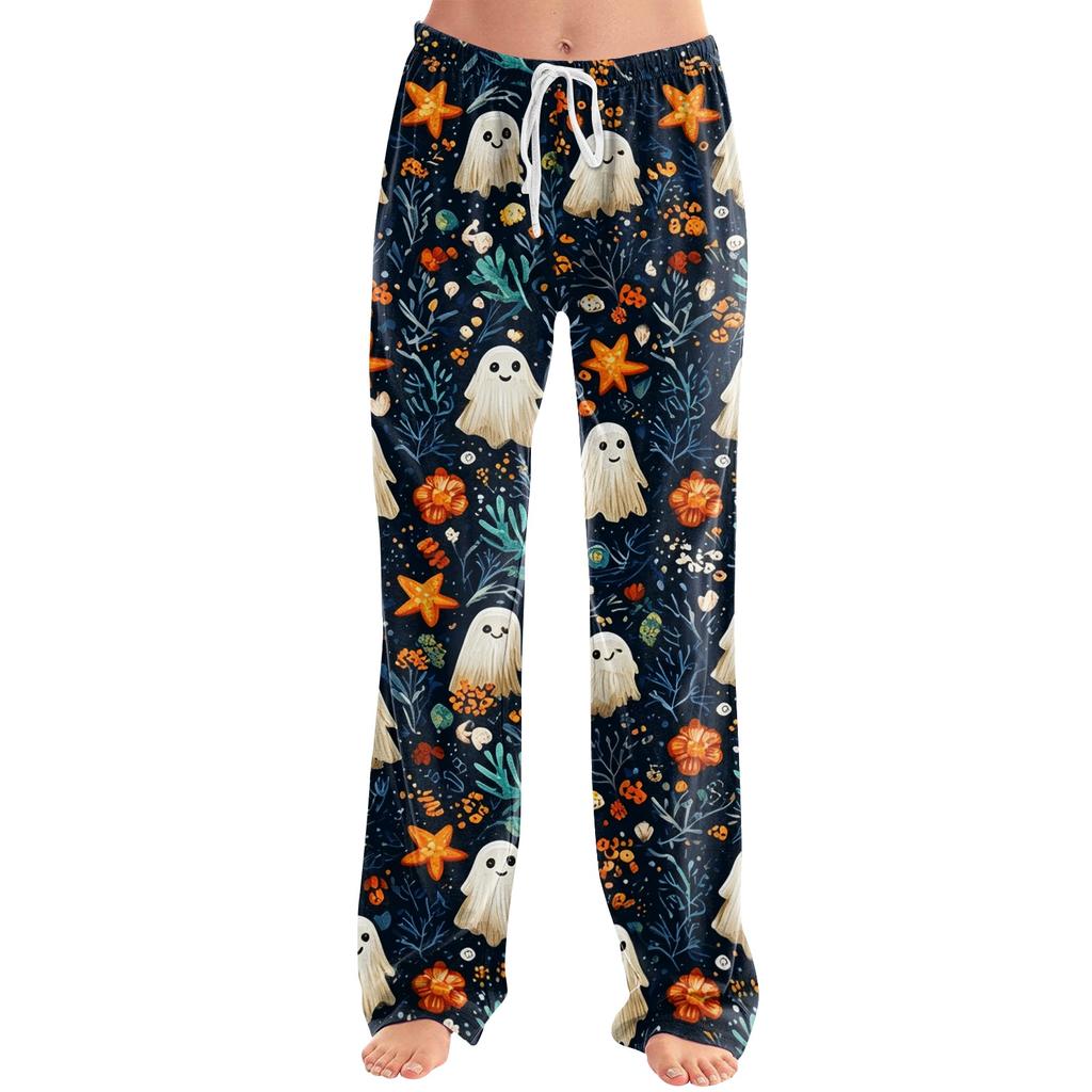 Damen Halloween Print Kordelzug Hose Lässige Lockere Passform Lounge Hose Weicher Leichter Stoff Volle Länge Pyjamahose für den Alltag
