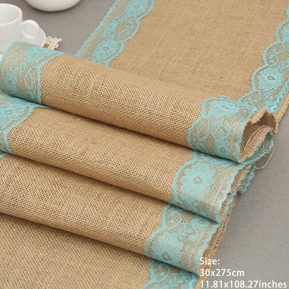 Natural Burlap Table Runner Jute Linen Lace Cloth for Dinning Room Restaurant Table Gadget Home Decortion 30x275cm/12x108inch