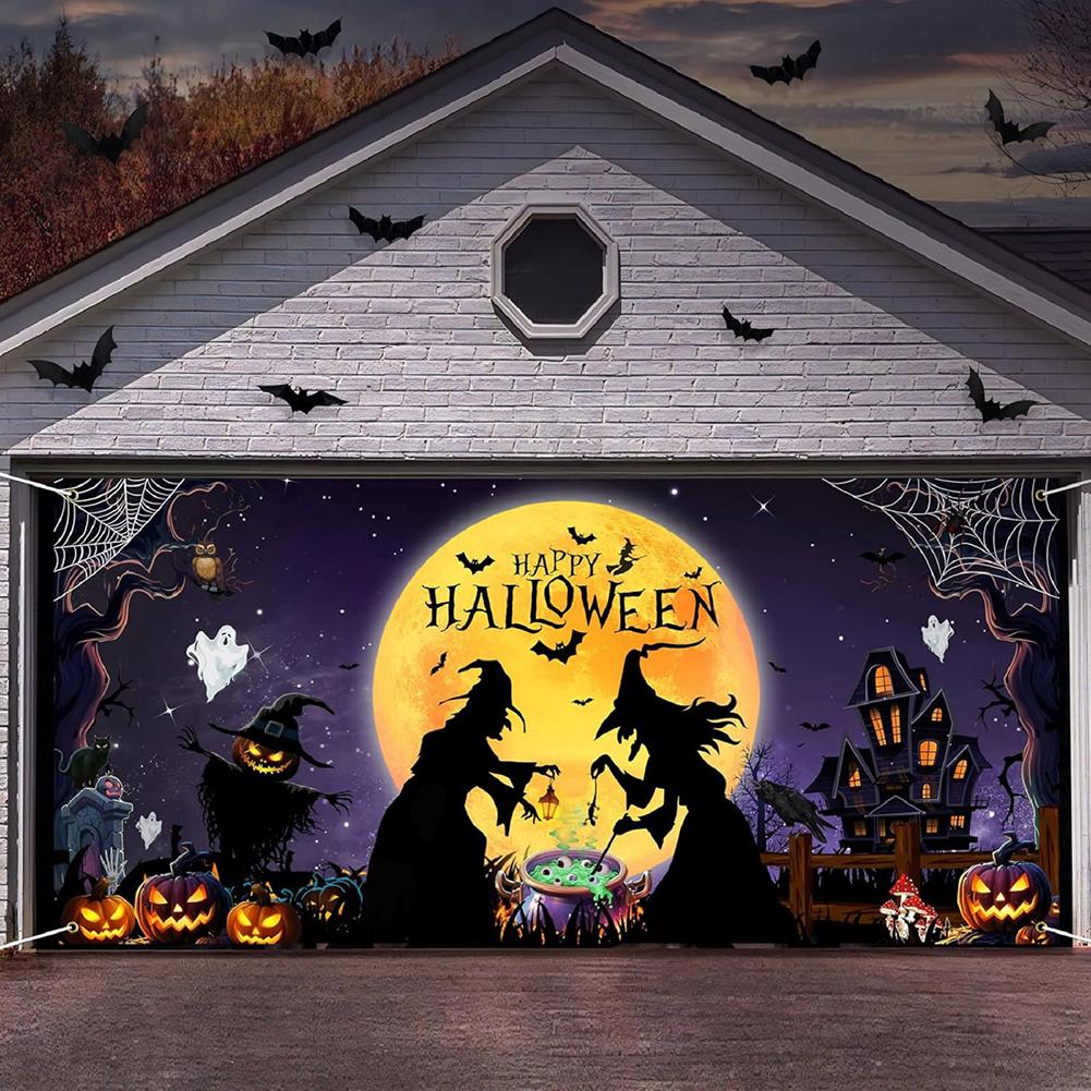 8x7 Ft Halloween Garage Door Banner Hanging Backdrop Garage Door Cover Misty Forest Pumpkin Lantern Scene 243x218 cm
