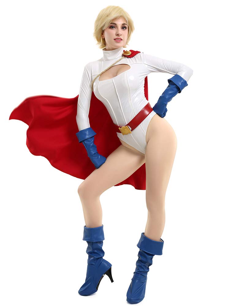 Miccostumes Superheroine Cosplay White Bodysuit with Leotard and Cape Women's Costume, (Small)