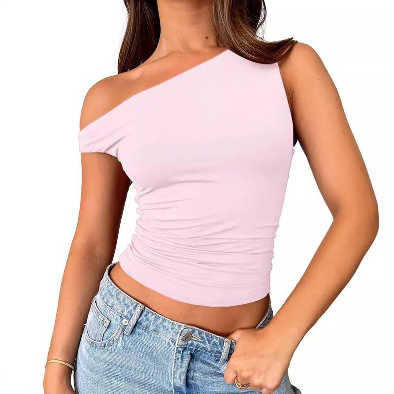 

Solid Color Slanted Neck Sleeveless Top Women s Pure Color Diagonal Collar Sleeveless Tops Light pink XS