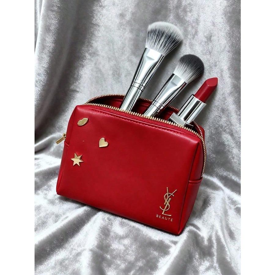 ​Czerwona kosmetyczka YSL z ozdobami w postaci złotych gwiazdek, damska podręczna kopertówka, organizer na codzienne niezbędniki​