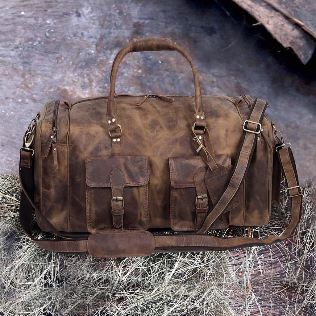 Handmade Top Grain Leather Duffle Bag: Weekender Travel Gym Bag