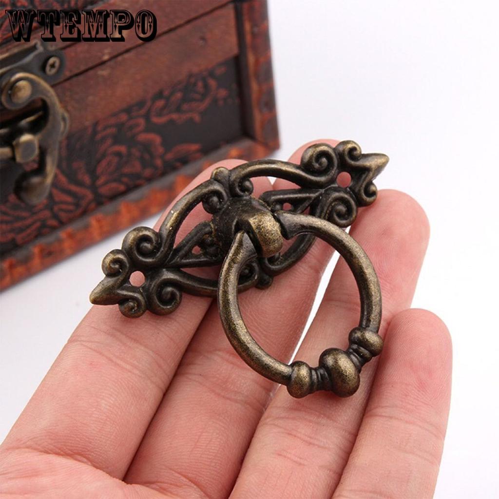 10pcs Vintage Distressed Antique Brass Finish Ring Pulls Handles for Cabinet Cupboard Drawer Dresser, Length 2.5-in (6.5 Cm) and Width 1.8-in (4.7 Cm)