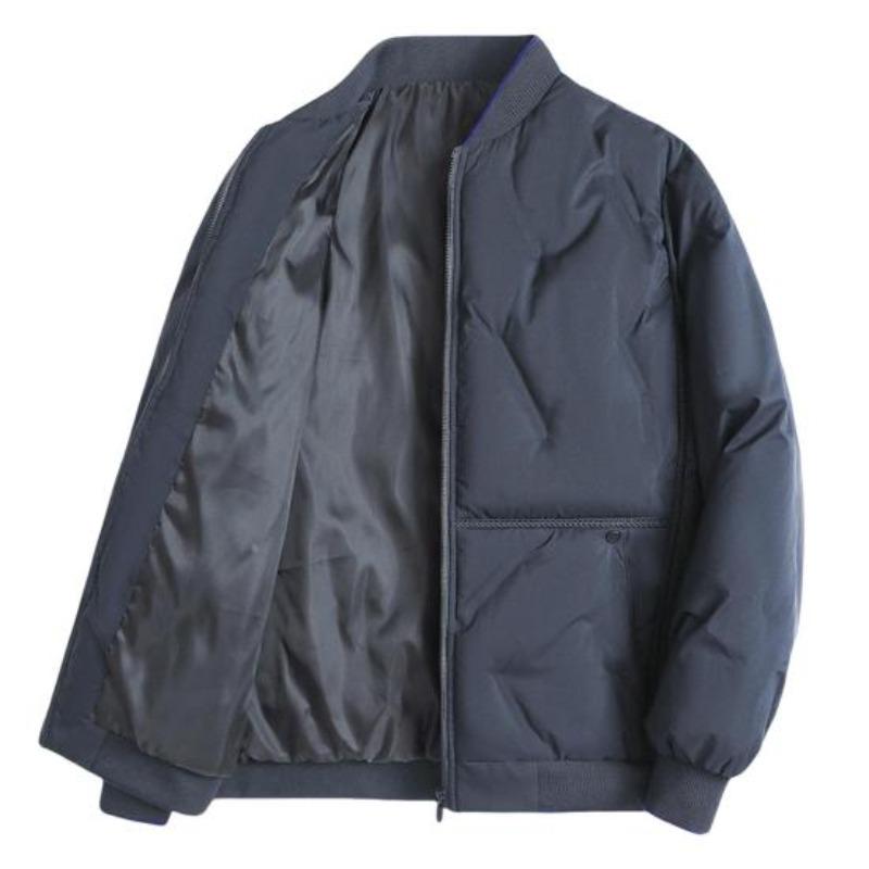 Men Baseball Jacket Stand Collar Long Sleeve Solid Color Zipper Placket Coat Thickened Down Cotton Outwear