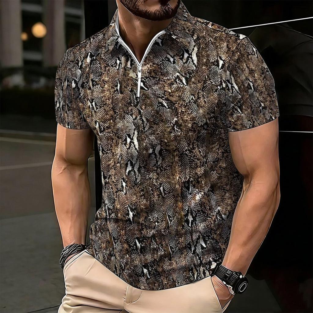 Women Short Sleeve Polo Shirt Khaki Black Brown Full Leopard Spot Print Half Zip Lapel Top