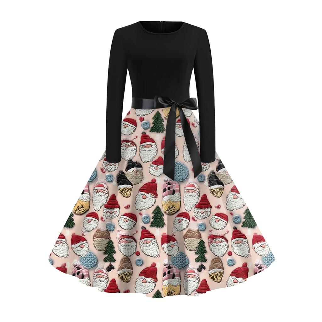 Women's Fashionable And Elegant Autmn And Winter Long-sleeved Round Neck Christmas Print Dress