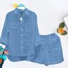 2 Pcs/Set Women Shirt Shorts Set Solid Color Loose Long Sleeves Elastic Waist Single-breasted Patch Pockets Irregular Hem Lapel Casual