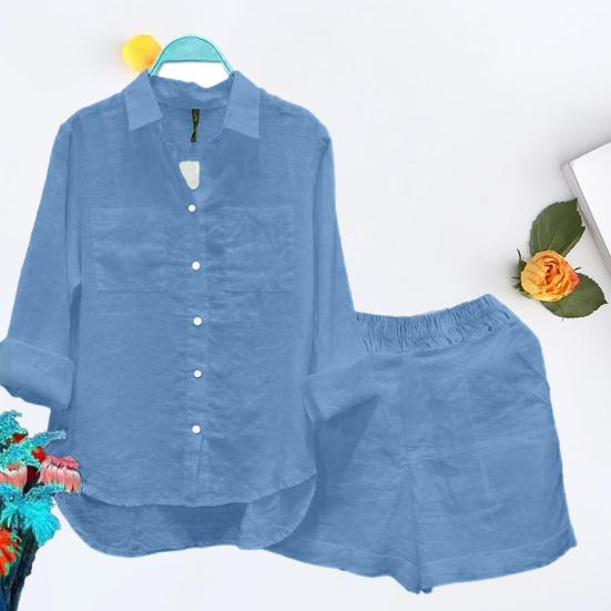 2 Pcs/Set Women Shirt Shorts Set Solid Color Loose Long Sleeves Elastic Waist Single-breasted Patch Pockets Irregular Hem Lapel Casual