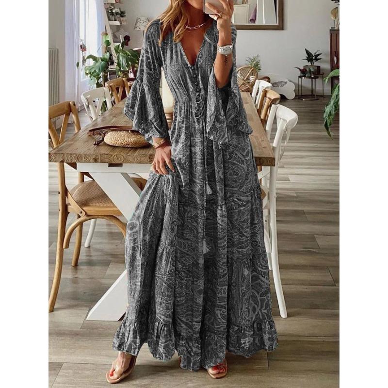 Abito Bohemian da Donna Estate Manica a Svaso Stampa Floreale Scollo a V Ampio Abiti da Donna Elegante Linea ad A Vita Alta Abito da Donna per Vacanze al Mare
