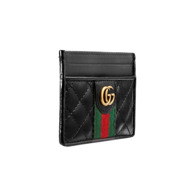 Gucci Gold Logo Striped Webbing Diamond Pattern Leather Card Holder Women Card Holder Black 536454-0YKBT-1060