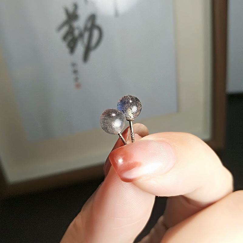 Pure Moonstone Stud Earrings Labradorite Natural Elongated Stone, No Allergies To Ear Holes