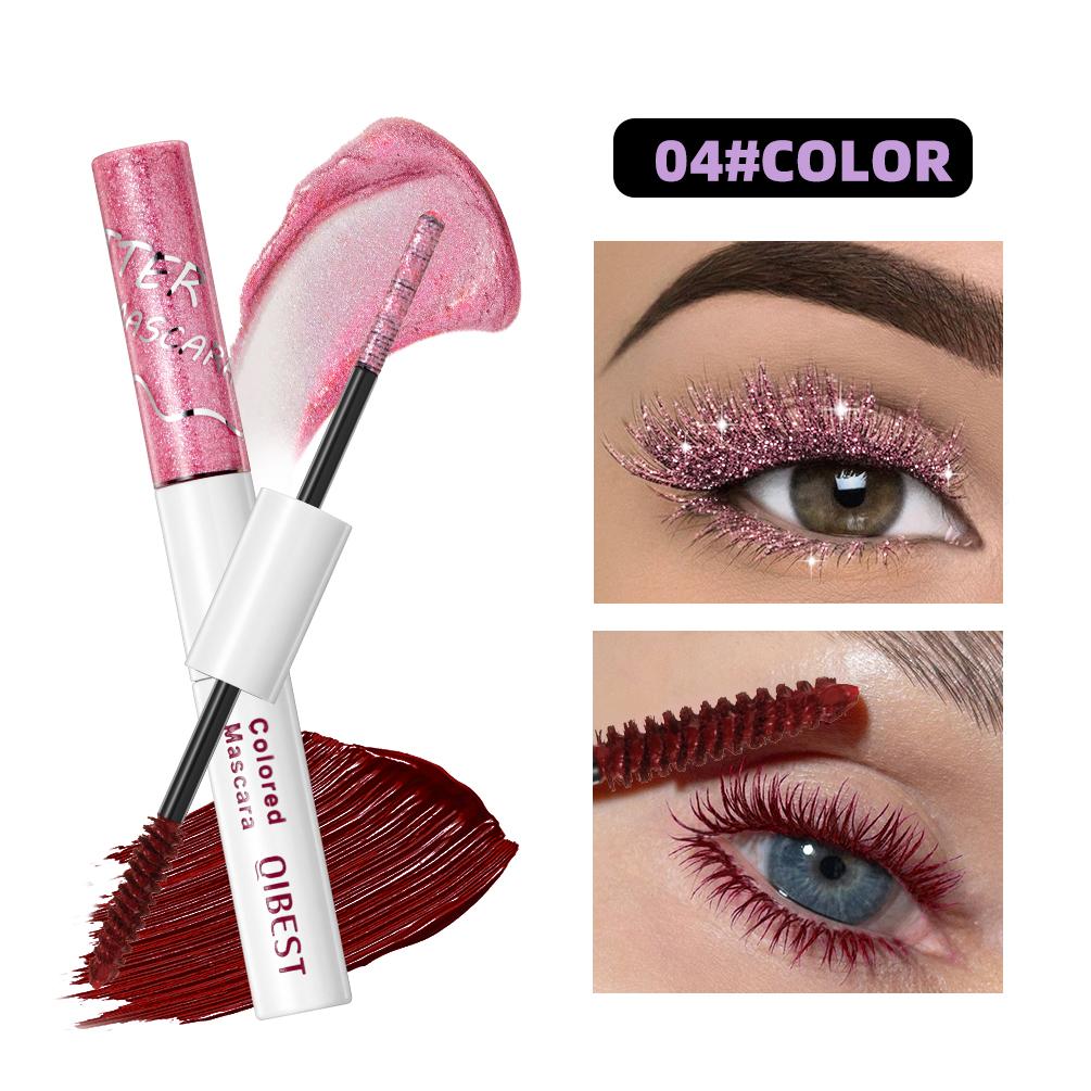 QIBEST Doppelseitiger Diamant-Glitzer-Mascara Langanhaltender Farbiger Mascara Wimpern Pink Blau Rot Voluminöser Wasserfester Mascara