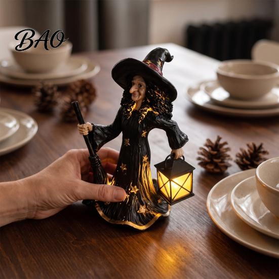 Halloween Party Supplies 2Pcs Witch Night Lamp, Holding Lantern Figurine with Collectible LED, Glowing Resin Statue for Tabletop Decor