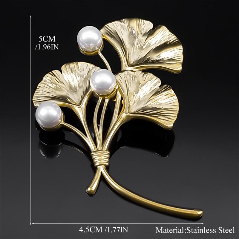 Retro Elegant Ginkgo Leaf Brooches for Women Stainless Steel Gold Color Wedding Party Brooch Pin Accessories Jewelry Gift