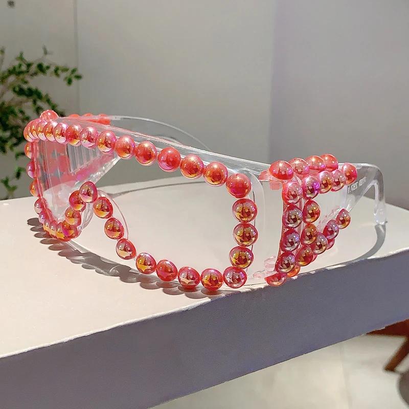 

Women Chic Pearls Warp Around Sun Glasses Stylish Candy Color Decor Shades Original Brand Design Travel Holiday Goggle