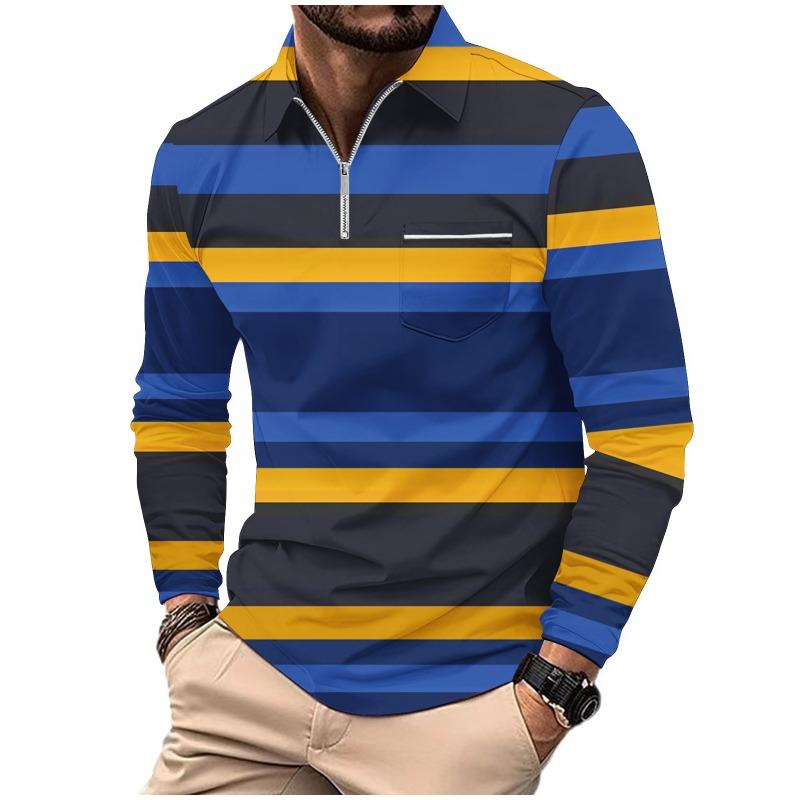 Men's Printed Polo Shirt with Zipper Pocket Sports Long Sleeved Polo Shirt