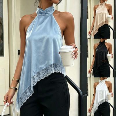 Women's Satin Halter Neck Sleeveless Top Lace Trim Irregular Hem Casual Blouse