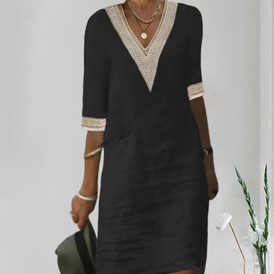 V-neck Half Sleeve Thin Beach Dress Women Elegant Lace Stitching Casual Dress Streetwear