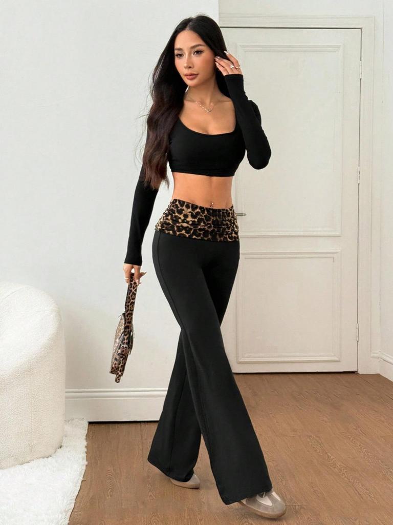 Pantalon de yoga évasé à taille moyenne patchwork imprimé léopard pour femme
