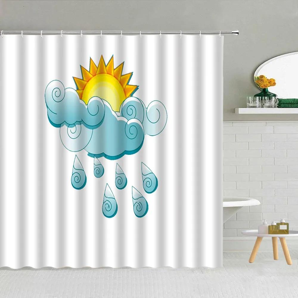 Cartoon Style Umbrella Printed Shower Curtain Colorful Rain Drops Boy Girl Bathroom Decor Waterproof Fabric Screen With Hooks