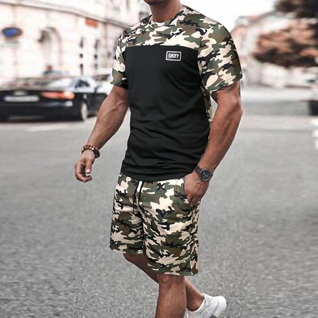 

Чоловіча літня футболка з круглим вирізом, комплект шортів, футболка з камуфляжним блоком і камуфляжні шорти на шнурках Чоловічий комплект Літній чоловічий повсякденний спортивний комплект 6XL