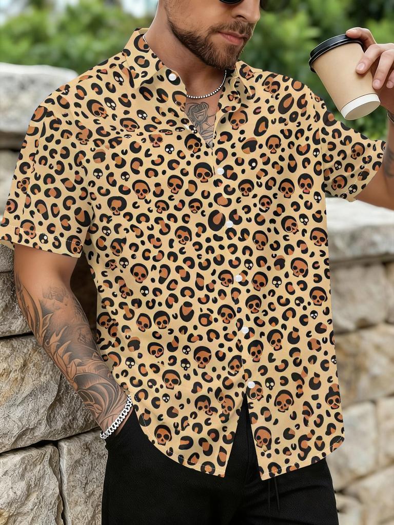 [Print Design – Not Texture] Men'S Short Sleeve Shirt, Men'S Leopard Print Short Sleeve Shirt, Summer Western Style Lapel Casual Shirt, Trendy