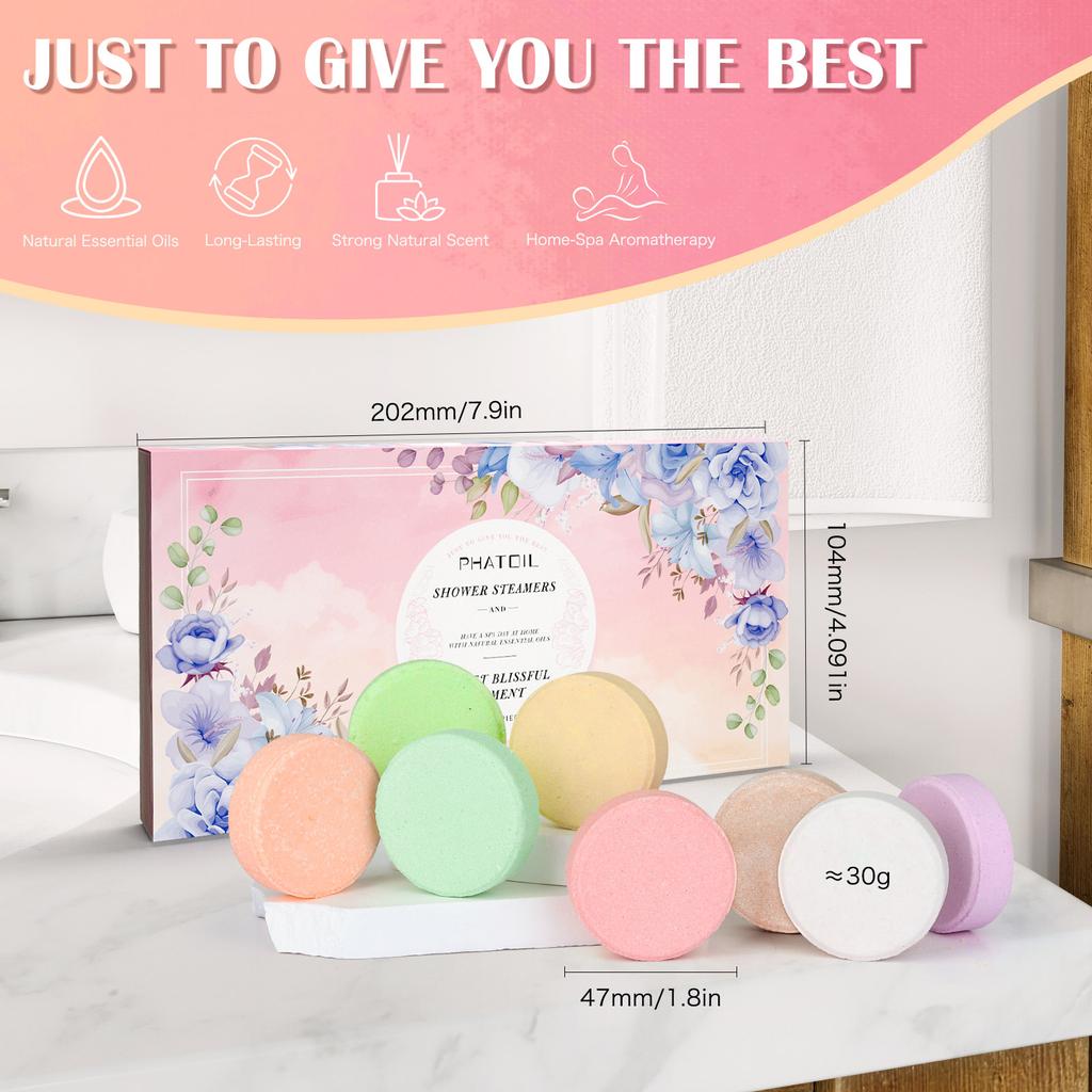 PHATOIL 8Pcs Essential Oil Shower Steamers Set for Refreshing & Relaxing, Natural Aromatherapy Shower Steamers for Self Care