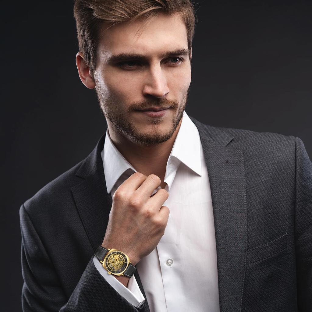 Men's Automatic Watch Genuine Leather Strap Analog Display 3ATM Waterproof Gold Silver Casual Business Fashion Accessory