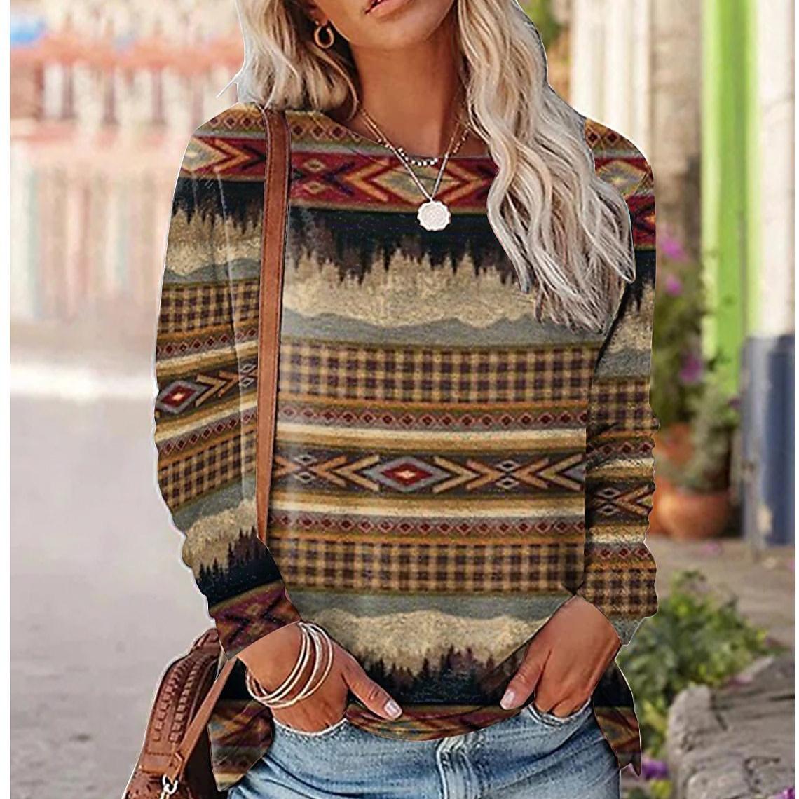 

Round Neck 3D Ethnic Pattern Print Casual Long Sleeved Women s T-shirts - Soft Medium Stretch Polyester Fabric Spring and Autumn Relaxed Fit Clothing M