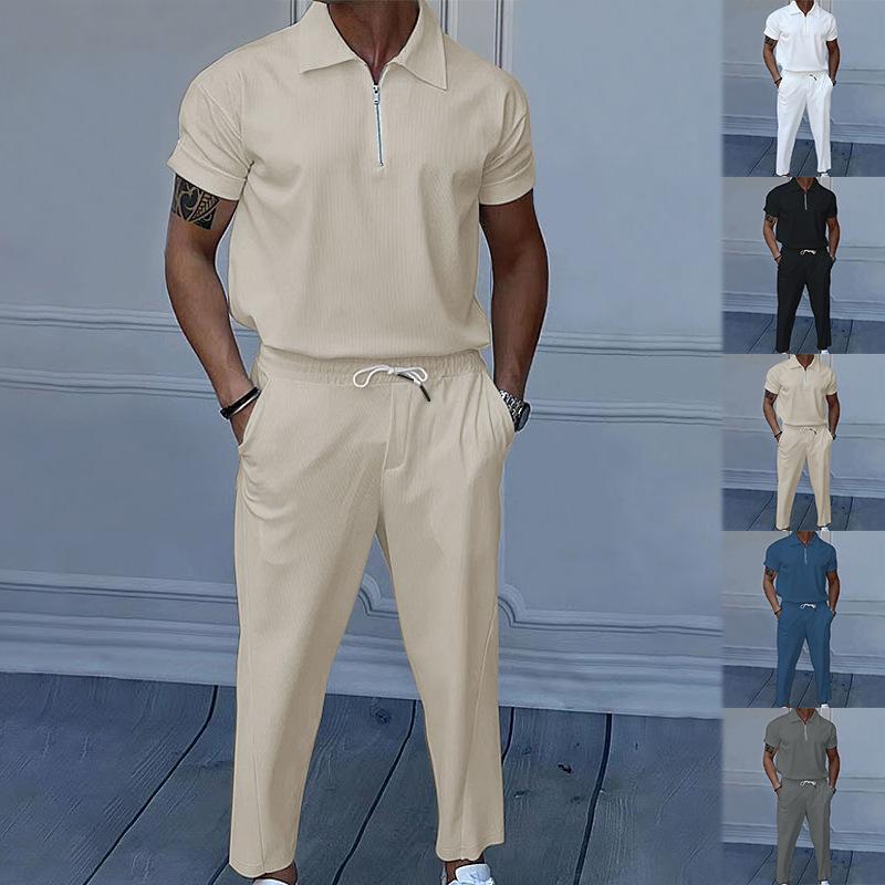Completo estivo da uomo tinta unita con risvolto, manica corta, cerniera, pantaloni